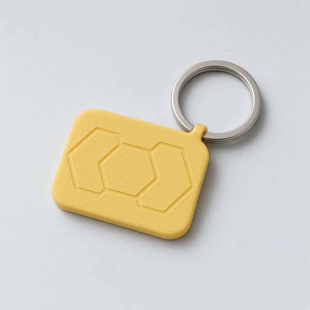 Chaveiro plano amarelo com relevo de hexágonos e argola de metal